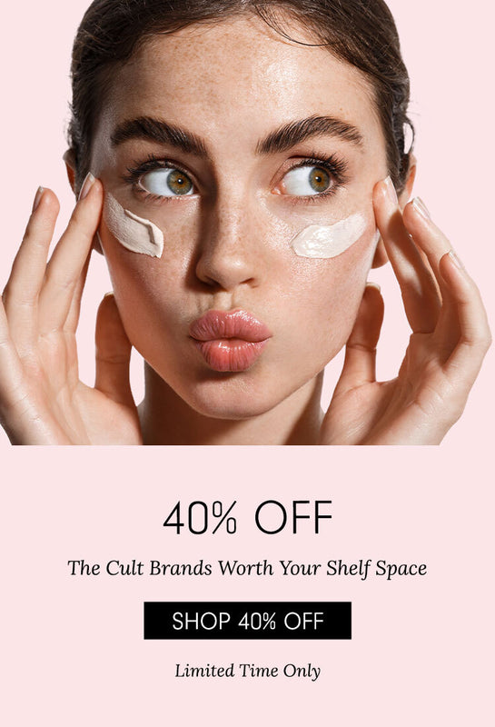 Promotional image with a woman applying cream under eyes, text overlay for a discount offer on cult brands.