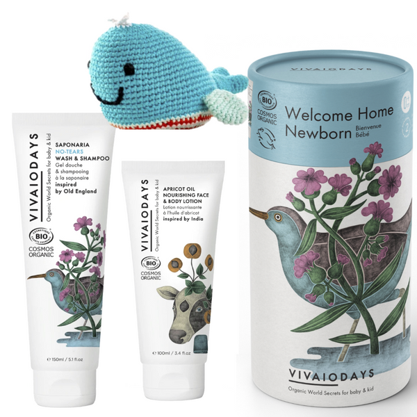 Vivaiodays WELCOME HOME NEWBORN SET - Saponaria, Apricot, Whale Toy  at Glorious Beauty